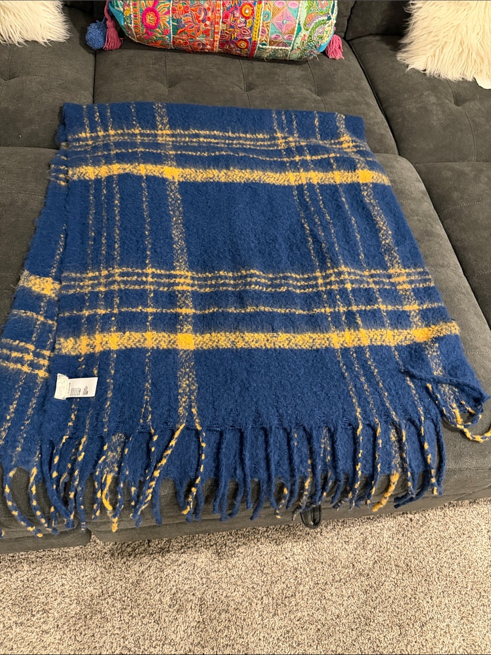 Free People Blue and Yellow Plaid Fringe Scarf Throw